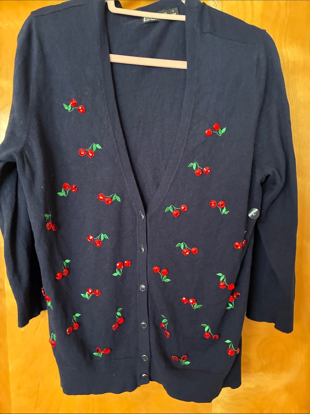 Cherry Embellished Navy Women's Cardigan Sweater Sz L